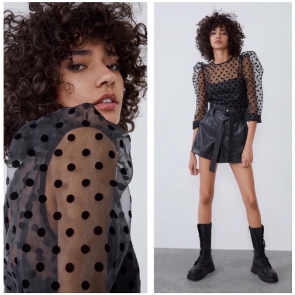 Zara Tops - New Zara Black Velvet Polka Dot Organza Top Semi Sheer Size  S